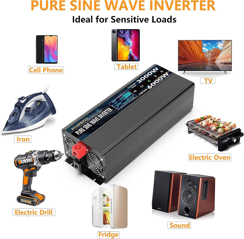 3000W Pure Sine Wave Power Inverter 12V DC to 110V/120V AC, 6000W Peak with Remote Control, 4 AC Outlets, Dual USB, LED Display, Heavy Duty Converter for RV, Truck, Solar System, Off-Grid & Emergency