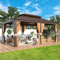 YOLENY 12'x18' Hardtop Gazebo,Galvanized Steel Metal Double Roof Gazebos with Curtain and Netting, Brown Permanent Pavilion Canopy with Aluminum Frame for Patios,Gardens,Lawns