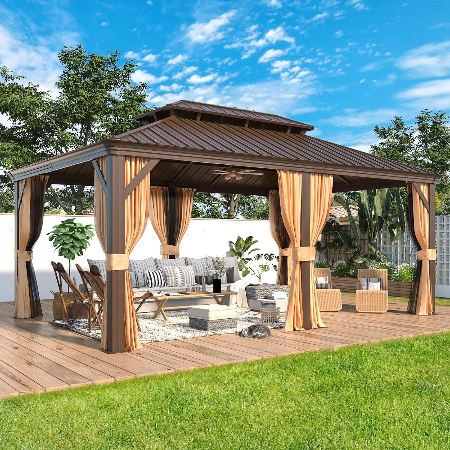 YOLENY 12'x18' Hardtop Gazebo,Galvanized Steel Metal Double Roof Gazebos with Curtain and Netting, Brown Permanent Pavilion Canopy with Aluminum Frame for Patios,Gardens,Lawns