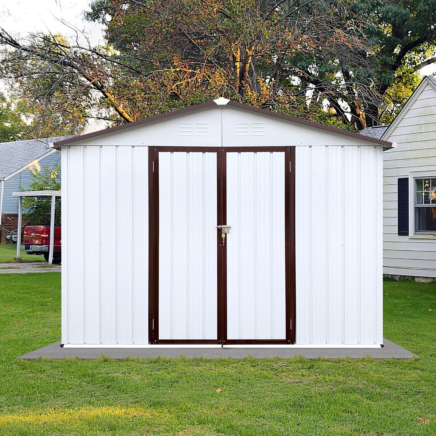 8x10 FT Metal Storage Shed, Outdoor Storage Shed with Apex Roof, Lockable Door for Garden, Backyard, Lawn, and Utility Shelter, Weather-Resistant, Easy to Set Up, White and Coffee