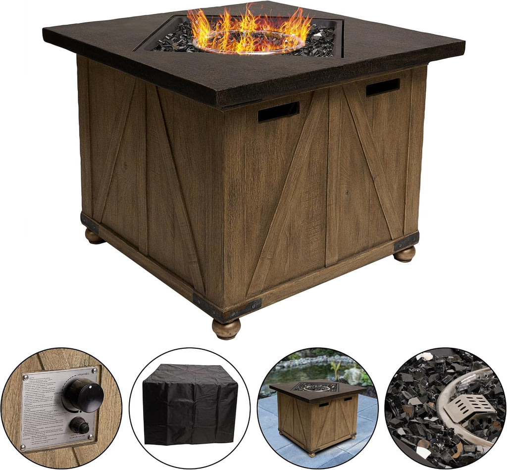 Alpine Corporation 24' Wood Grain Fire Pit Table, 50K BTU, All Weather Outdoor Heater with Flame Control for Patio, Garden and Yard