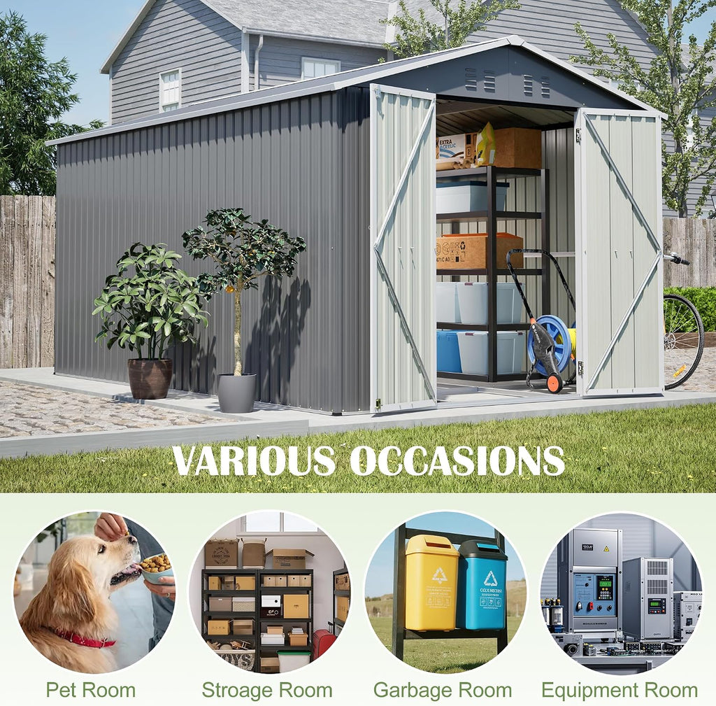 8x12 FT Outdoor Metal Storage Shed with Heavy-Duty Aluminum Frame, Lockable Double Doors, Weather-Resistant Roof and Vents, Large Garden Tool Shed for Backyard, Patio and Lawn – Grey