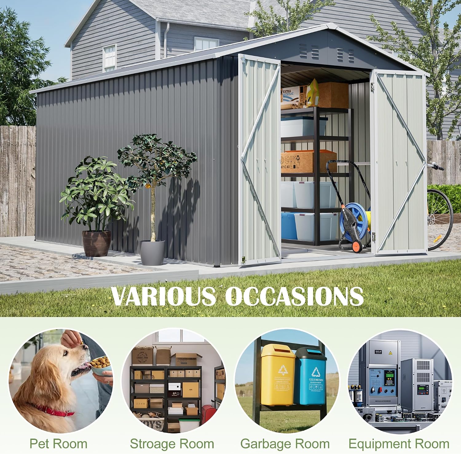 8x12 FT Outdoor Metal Storage Shed with Heavy-Duty Aluminum Frame, Lockable Double Doors, Weather-Resistant Roof and Vents, Large Garden Tool Shed for Backyard, Patio and Lawn – Grey