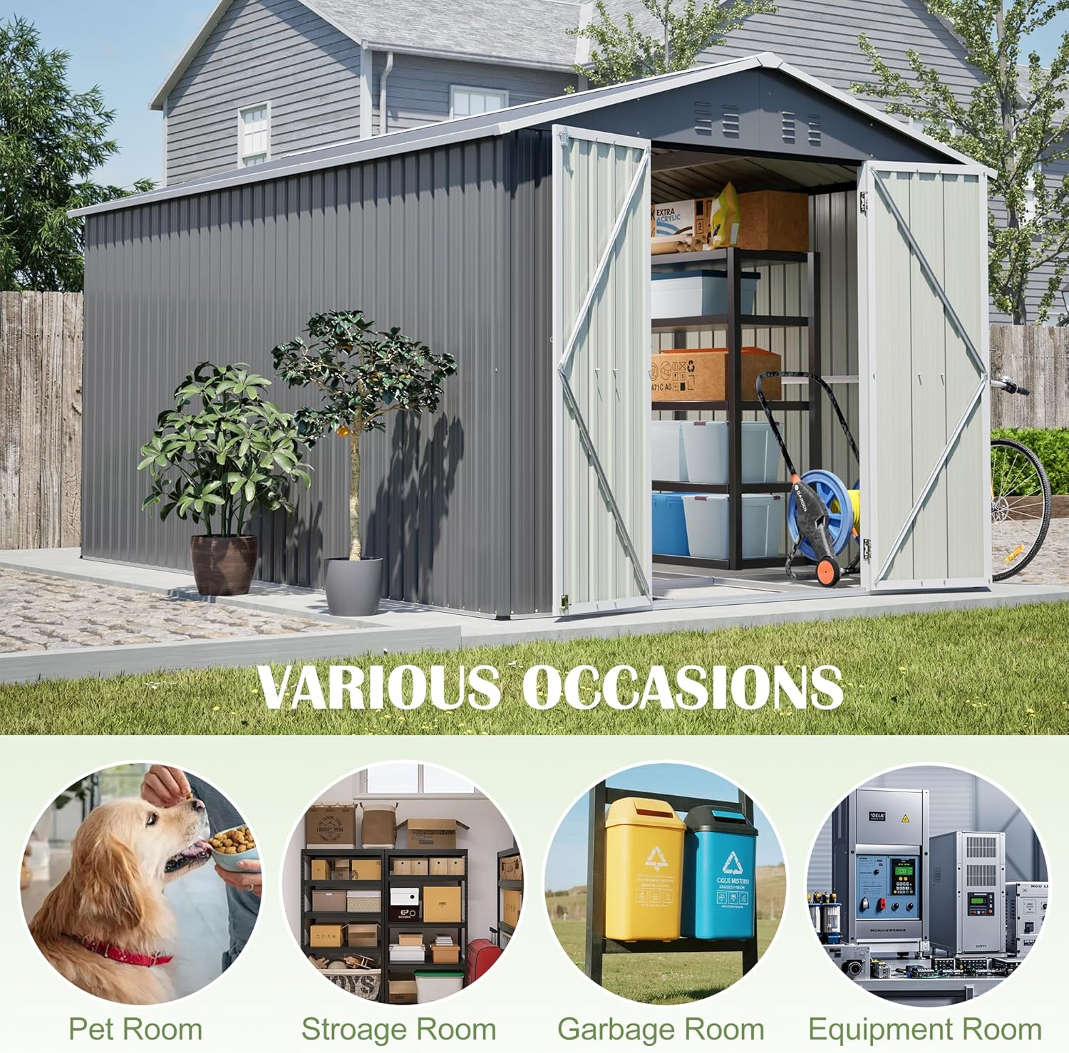 8x12 FT Shed Outdoor Storage Metal Large Garden Tool Sheds with Lockable Doors Floor Frame Gable Roof Waterproof Steel Utility Equipment Sheds for Backyard Patio Lawn Poolside, Grey