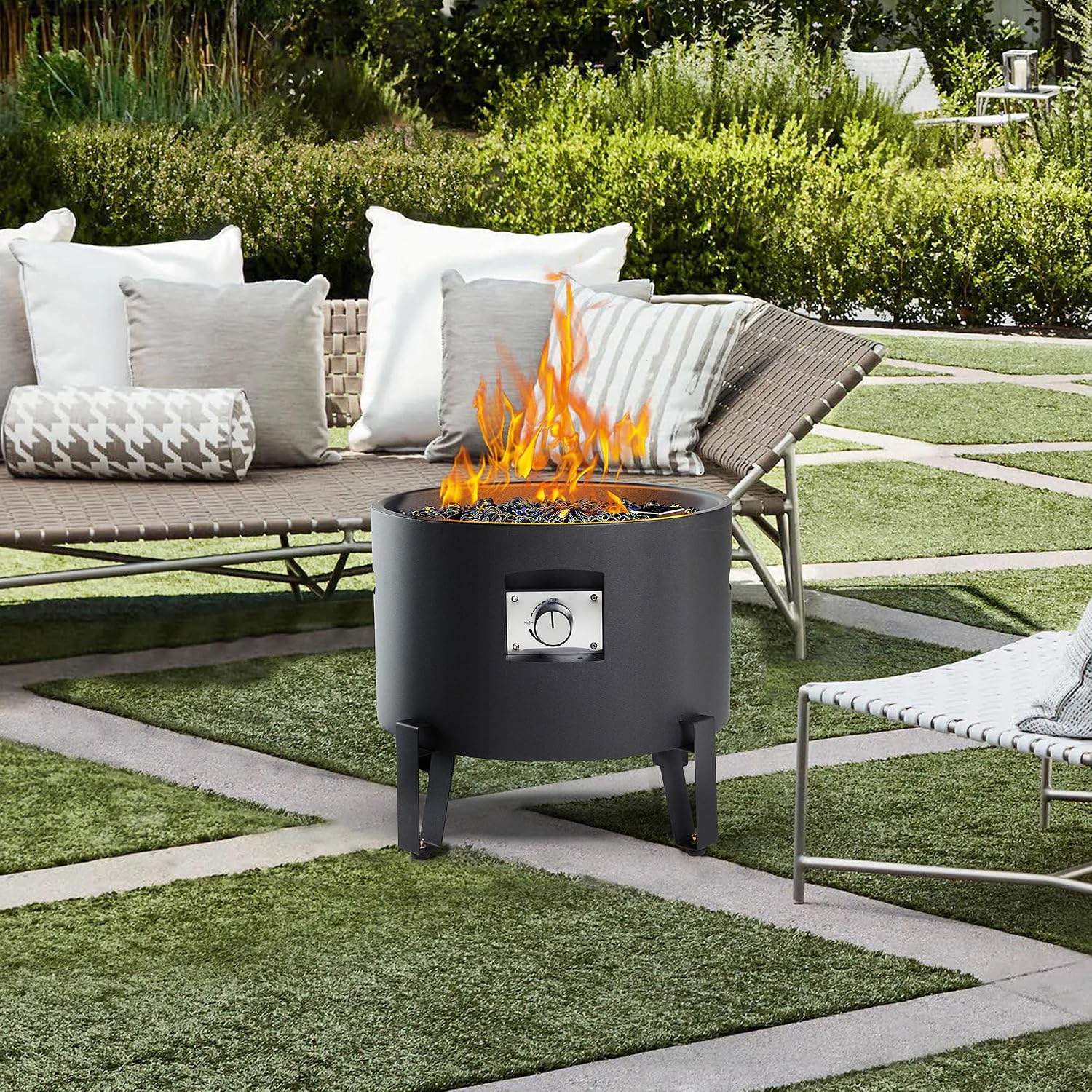 BAIDE HOME Portable Propane Fire Pit for Camping RV 50,000 BTU Round 15'' H x 16'' W Portable Gas Firepit W/Lid, Glass Rocks & Weather Resistant for Outdoors, Propane Extension Hose, Black
