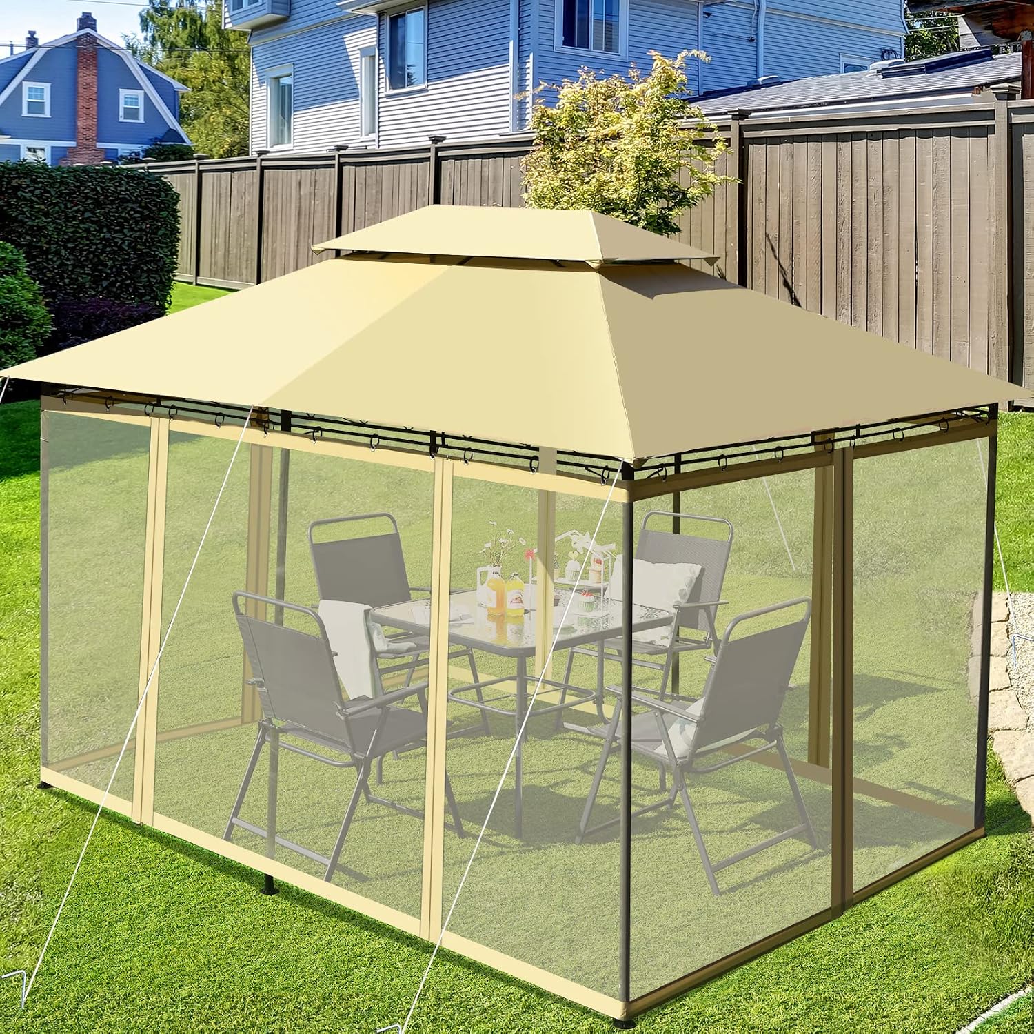 Tangkula 10 x 13 FT Patio Gazebo, 2-Tier Outdoor Gazebo with Removable Netting, Outdoor Patio Shelter with 130 Square Feet of Shade, Ideal for Backyard, Deck, Garden Beige
