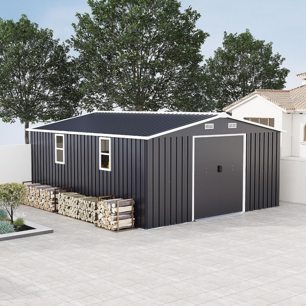 KEIKI 10' x 12' Metal Garden Storage Shed with Foundation Kit, Double Door Outdoor Tool Shed with 2 Windows, Color Steel Construction, Dark Gray