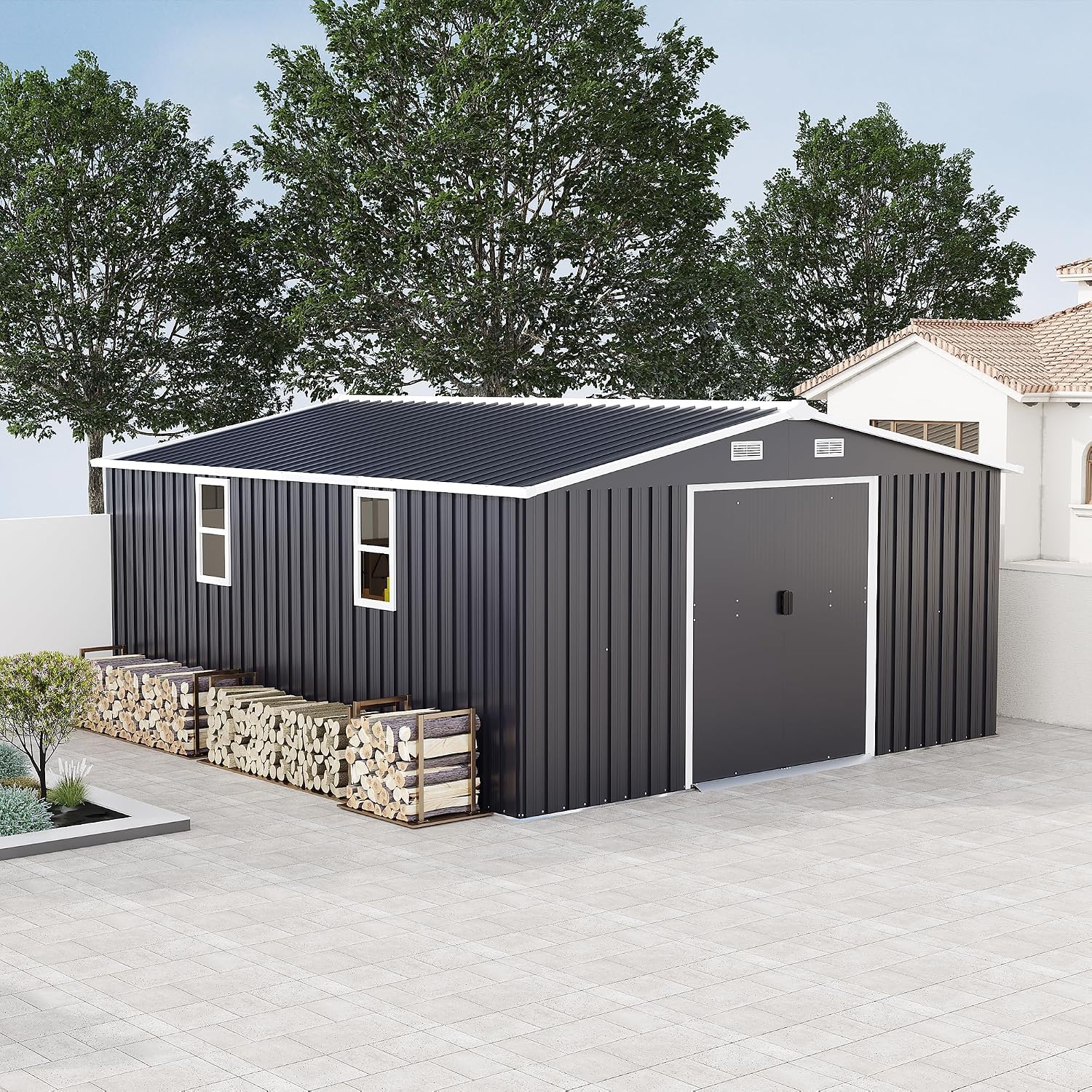KEIKI 10' x 12' Metal Garden Storage Shed with Foundation Kit, Double Door Outdoor Tool Shed with 2 Windows, Color Steel Construction, Dark Gray
