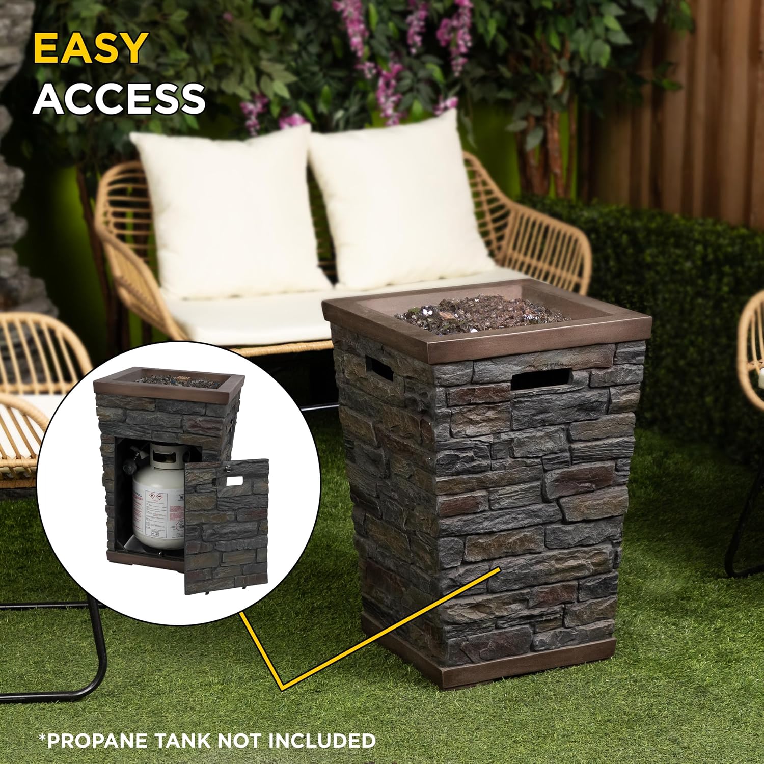 Alpine Corporation GXT966 Stone Look Column Gas Fire Pit with 32K BTU and Adjustable Flame, Cozy Patio Decor, 29' H, Multicolor