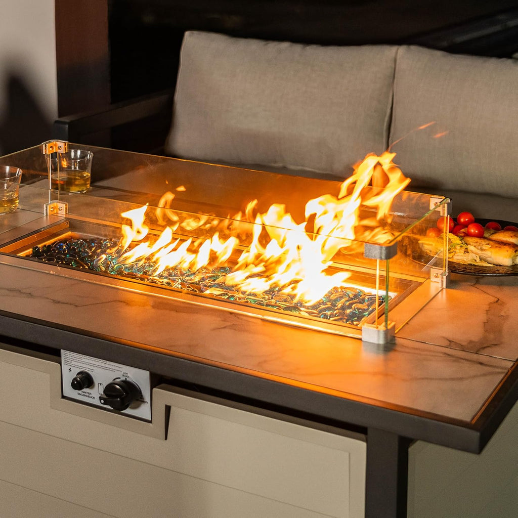 Nuu Garden 43'' Patio Propane Fire Pit Table, 50,000 BTU Gas Fire Pit with Marble-Textured Glass Top, Wind Guard, Lid, Glass Beads, CSA-Certified, 2-in-1 Outdoor Table for Gatherings, Ivory White