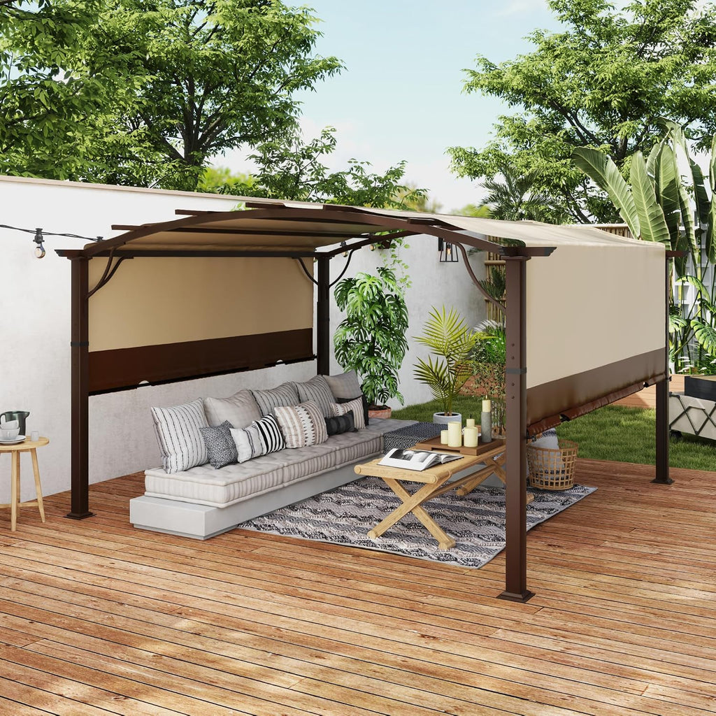 12' x12' Arched Outdoor Pergola for Deck, Outdoor Retractable Canopy and Hardware, Aluminum Frame with Canopy Fixed in Various Positions (Brown)