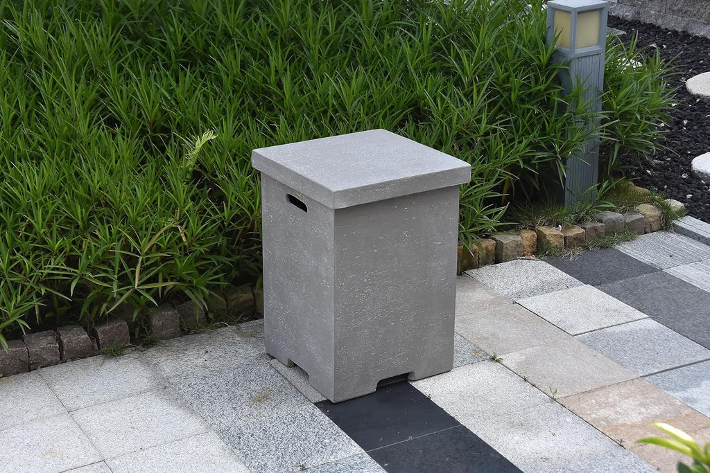 AMS Fireplace | Elementi Tall Light Grey Square Travertine Propane Tank Cover | Concrete GFRC Base | Dimensions: 17.7 x 17.7 x 24.4 inches | Complement HAMPTON, and Others Fire Pit Tables Perfectly