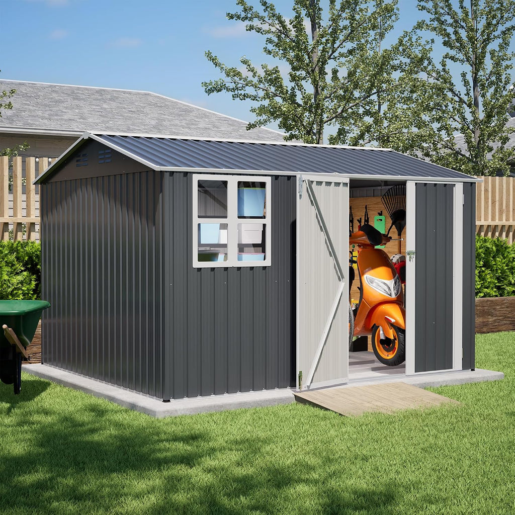 8x10 FT Shed Outdoor Storage Metal Large Garden Tool Sheds with Lockable Doors Floor Frame Window Gable Roof Waterproof Steel Utility Equipment Sheds for Backyard Patio Lawn Poolside, Grey