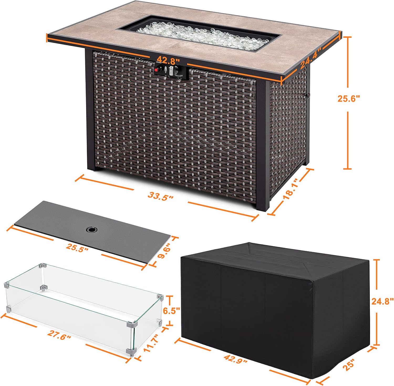 Nuu Garden Outdoor 43 Inch 50,000 BTU Propane Gas Fire Pit Table, Ceramic Tabletop, Water Proof Oxford Cover, Glass Fire Pit Wind Guard, Glass Beads, Lid Included, Dark Brown and Coffee