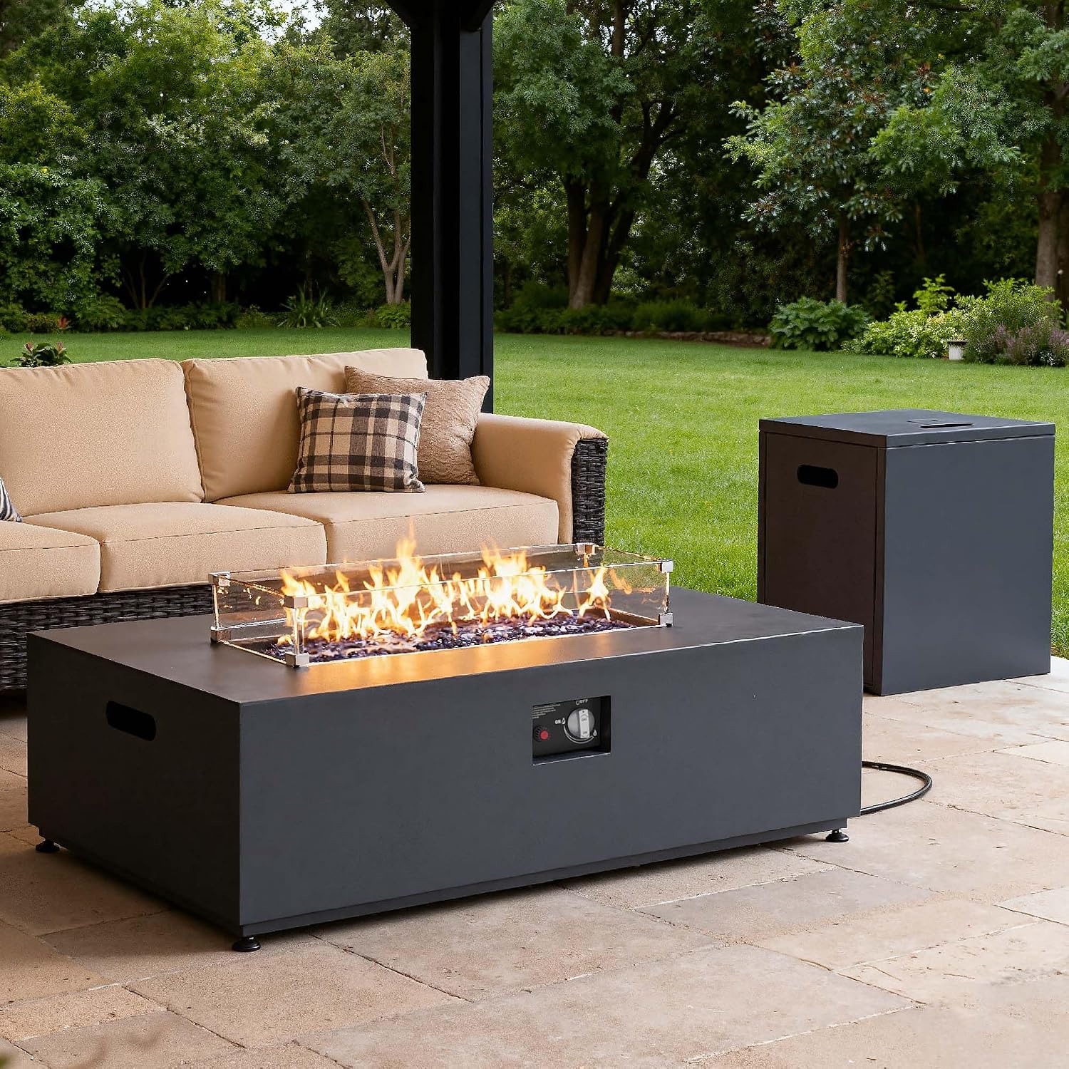42' Propane Fire Pit Table Set with Tank Holder, Rectangle 2-Piece Outdoor Firepit Wind Guard, Lid, Glass Stones and Cover