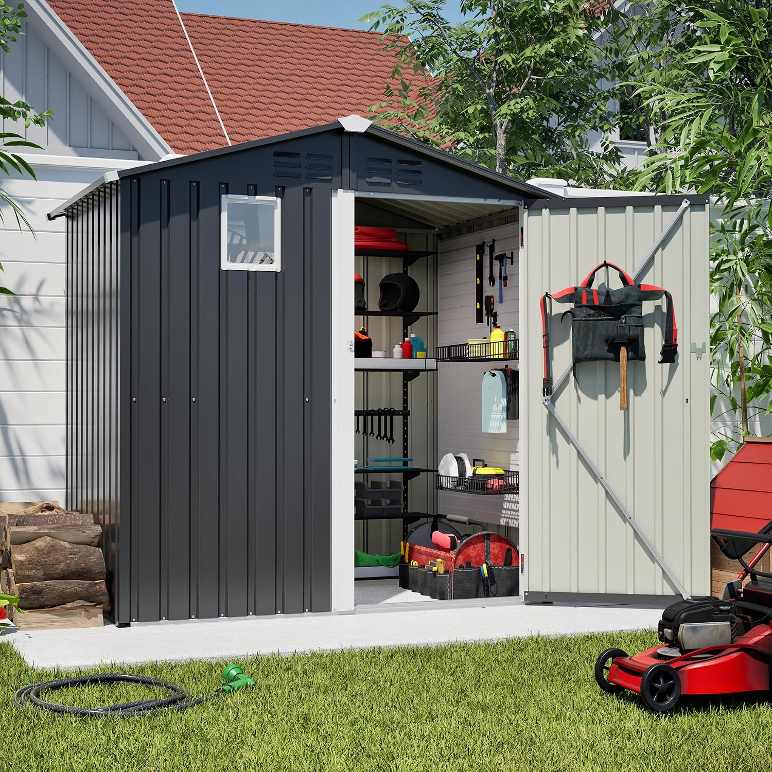 6x4 FT Shed Outdoor Storage Metal Large Garden Tool Sheds with Lockable Doors Gable Roof Window Waterproof Utility Equipment Sheds for Backyard Patio Lawn, Grey (No Floor Frame)