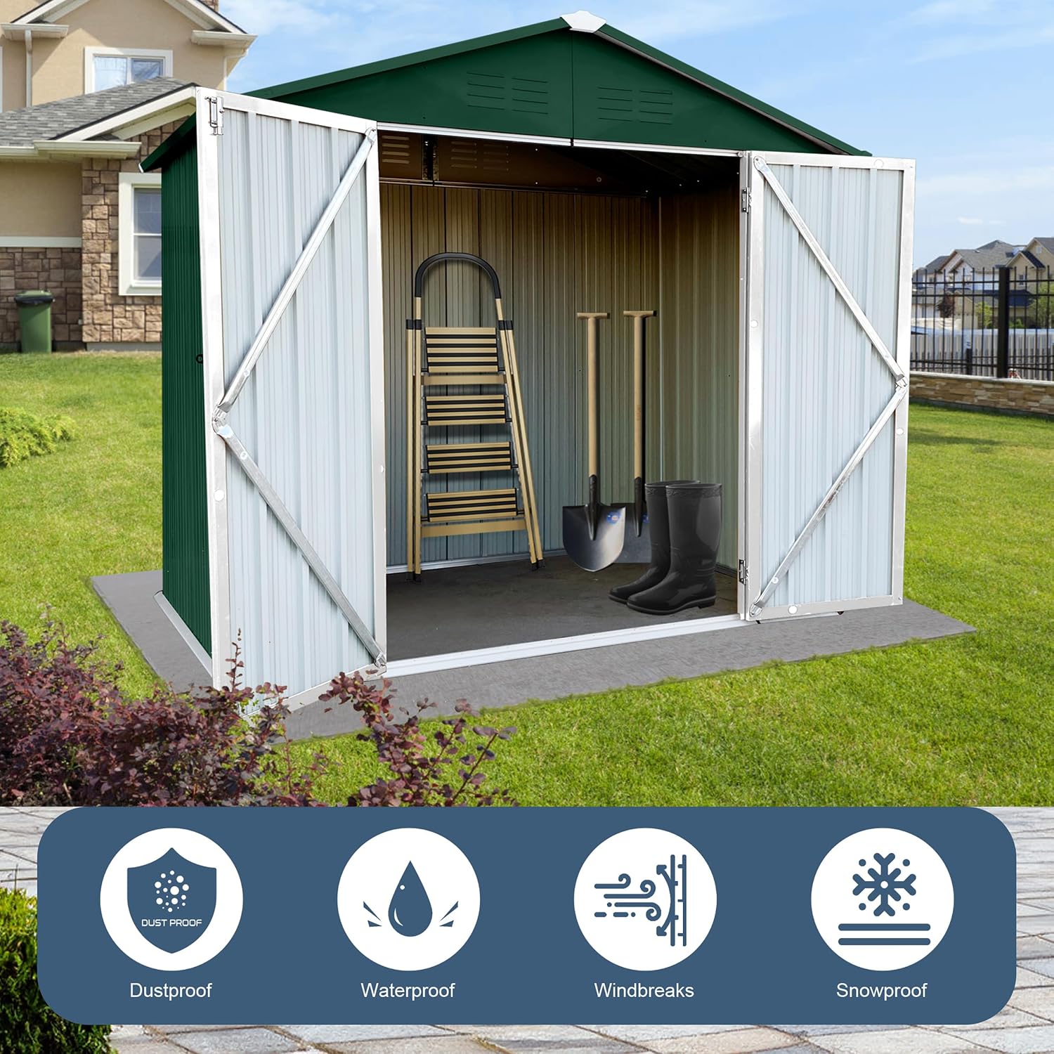Shed with Windows,Large Metal Outdoor Storage Shed, Lockable Tool Storage shed, Steel Garden shed, Suitable for Backyard, Terrace, and Poolside (Roof Green+White, 6FTx4FT)