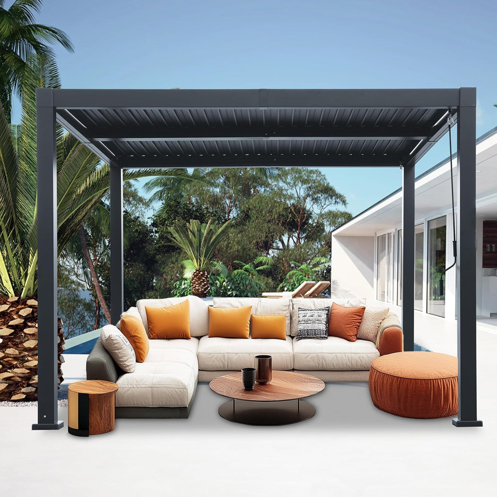 10'x 10' Patio Louvered Pergola Canopy Modern Aluminum Pergola with Adjustable Roof Rainproof Gazebo for Outdoor BBQ Deck Yard Lawn and Garden Deep Grey Hardtop Gazebo (10x10FT)