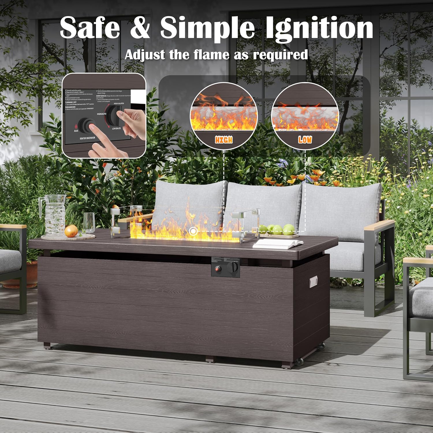 Sundale Outdoor 51 Inch Outdoor Fire Pit Table, 50,000BTU Rectangle Propane Fire Pit with Sliding Tank Holder, Glass Wind Guard, Removable Lid, CSA Certified, Brown