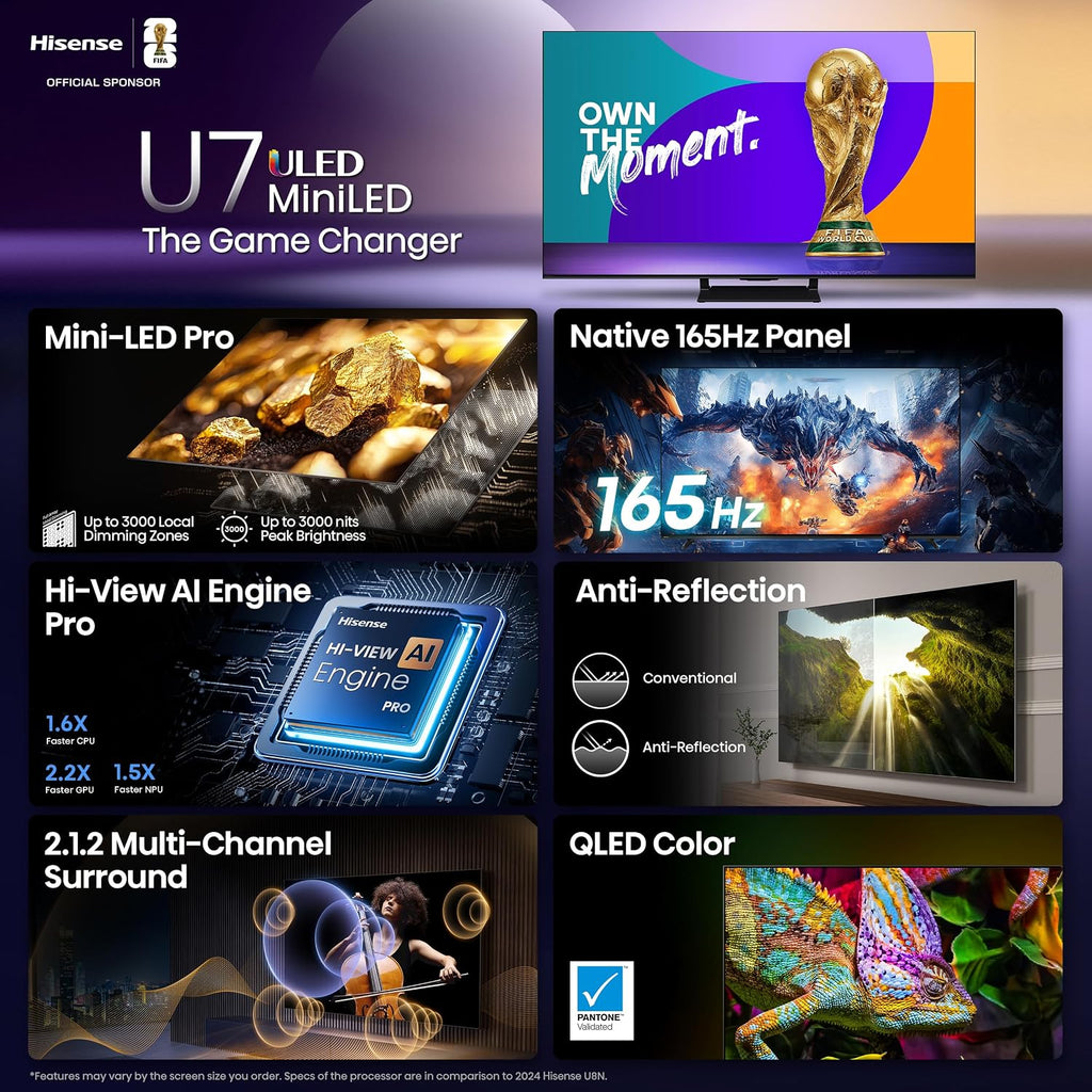 Hisense 85' U7 Mini-LED ULED 4K UHD Best Premium Gaming Google Smart TV 85U75QG 2025 Model - QLED Native 165Hz VRR 288 Up to 3000 Nits HDR10+ Dolby Vision IQ · Atmos IMAX Enhanced, 2.1.2 Ch (Renewed)