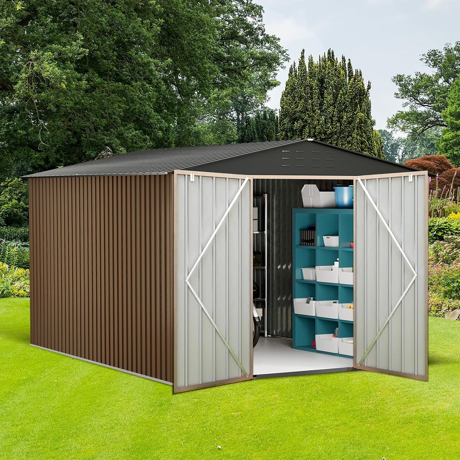 10 x 12 FT Outdoor Metal Storage Shed, Steel Yard Shed with Lockable Doors,Extra Large Utility and Tool Storage for Garden, Backyard, Patio, Outside Use