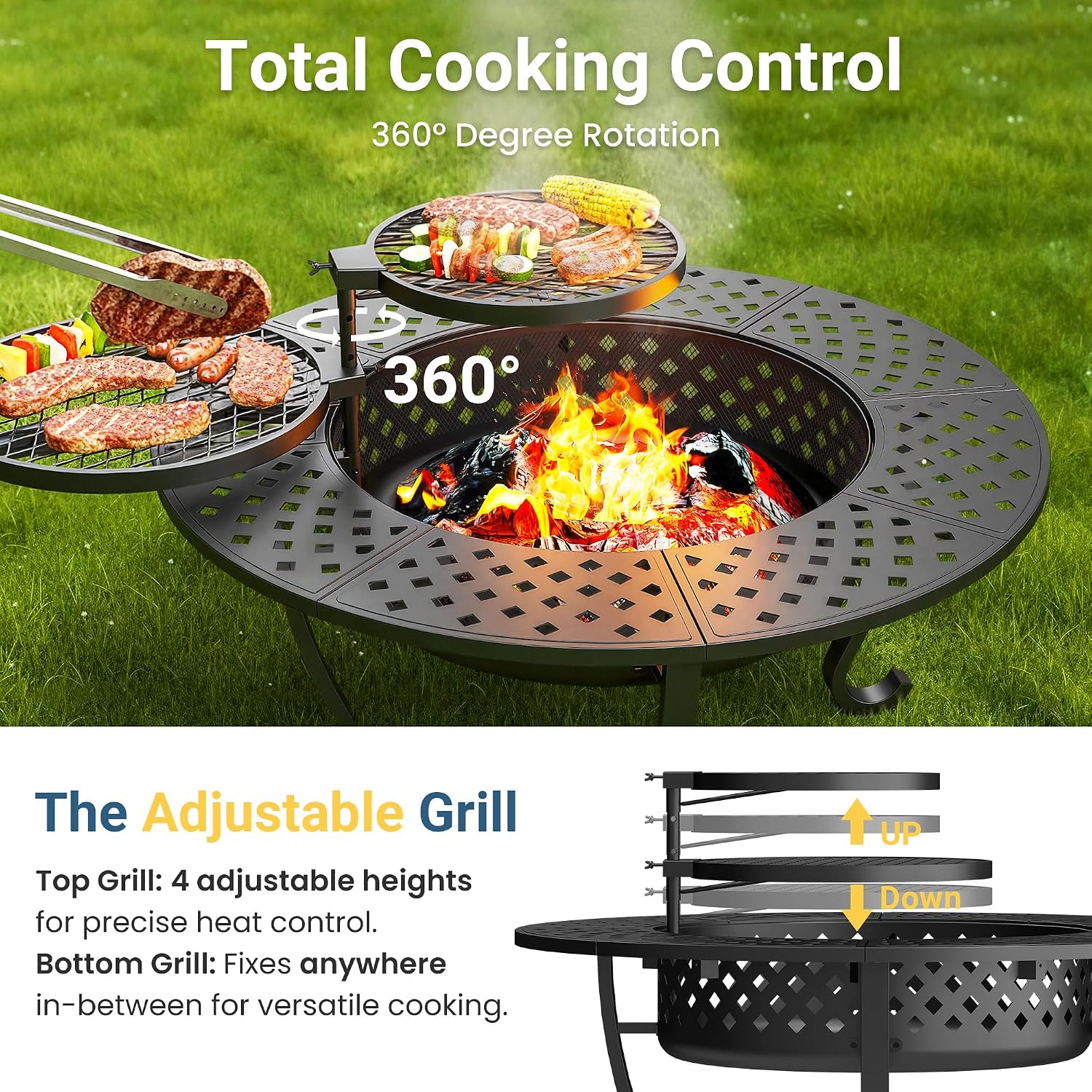 Wisteria Lane 3 in 1 43' Extra Large Fire Pit for Outside Wood Burning with 2 Adjustable Grills, Outdoor Fireplace with Lid and Fire Poker, BBQ & Bonfire & Round Metal Table for Patio, Backyard