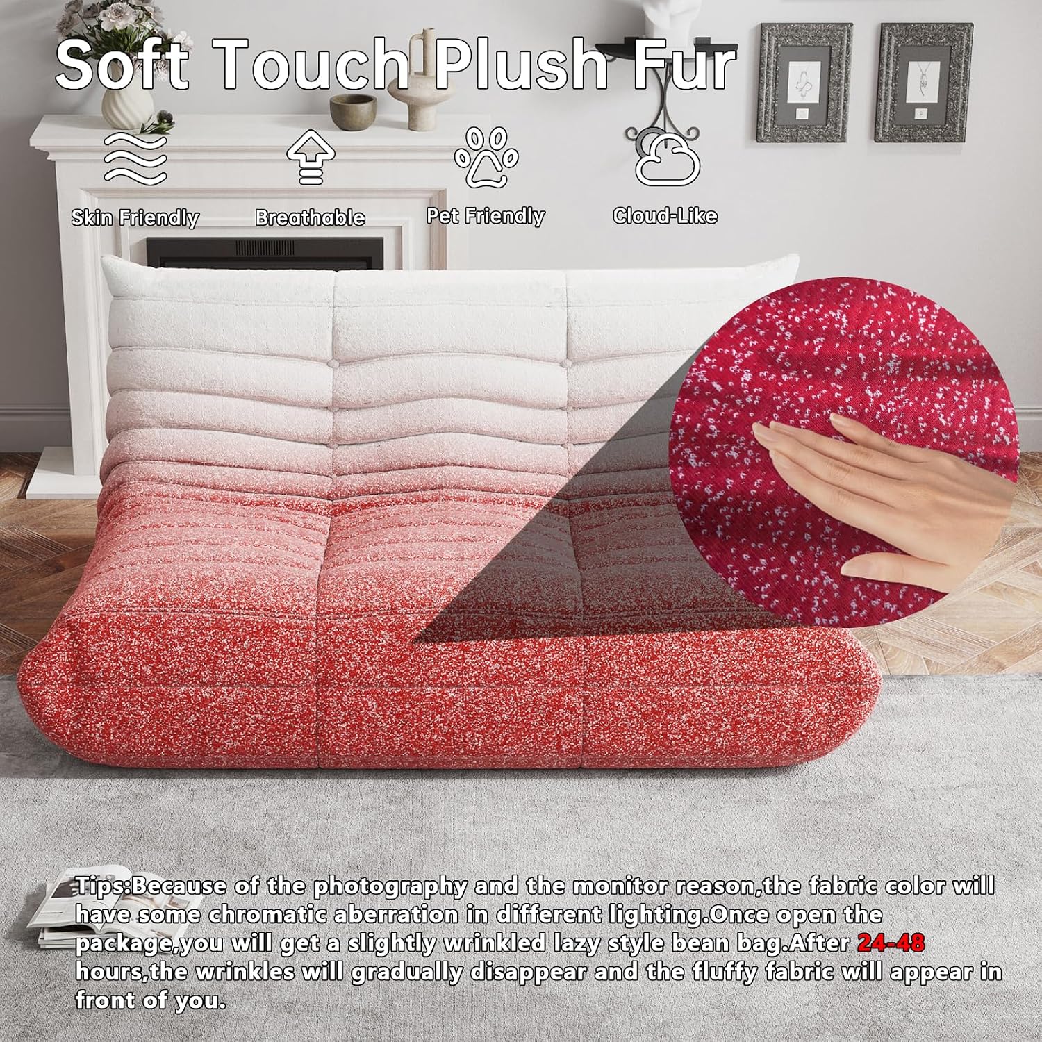 WHGBJA Bean Bag Chairs for Adults, Memory Foam Couch Loveseat Sofa Chair, Soft Teddy Material Cozy Comfy Reading Nook Chairs, Floor Chair for Living Room Bedroom Office(Pink+White)
