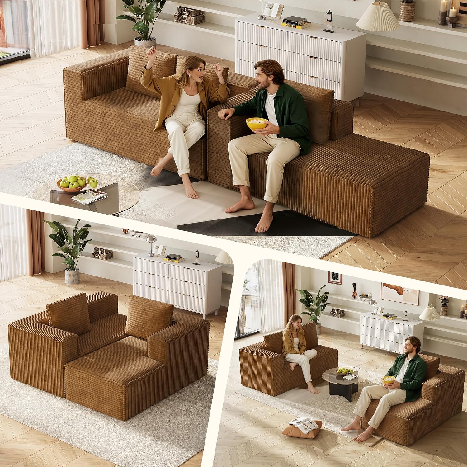 WLIVE 108'' Cloud Sectional Couches for Living Room, Modular Boneless Couch with Right Facing Chaise, L Shape Memory Foam Corduroy, with Cushion, Brown
