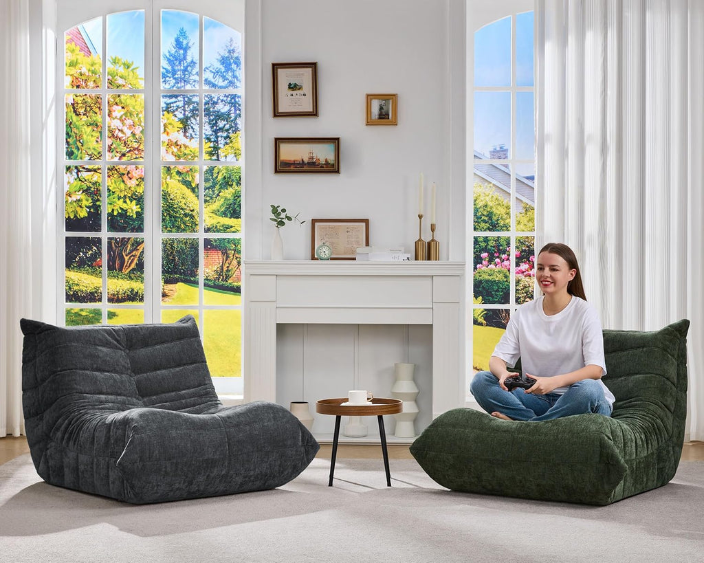 Bean Bag Chairs for Adults Giant Bean Bag Chair Memory Foam BeanBag Chair Bean Bag Sofa with Filler Faux Fur Fireside Beanbags Lazy Sofa for Living Room Bedroom Office (Green Chenille, Single)