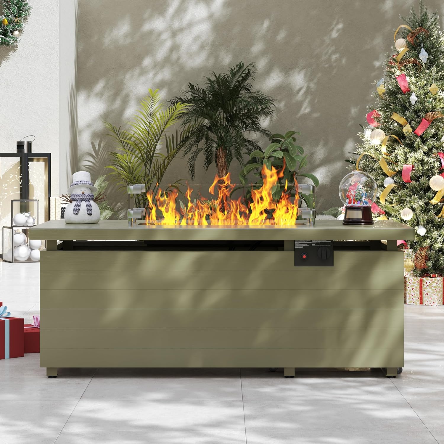 Sundale Outdoor 51 Inch Outdoor Fire Pit Table, 50,000BTU Rectangle Propane Fire Pit with Sliding Tank Holder, Glass Wind Guard, Dust Cover, Removable Lid, CSA Certified, Olive Green
