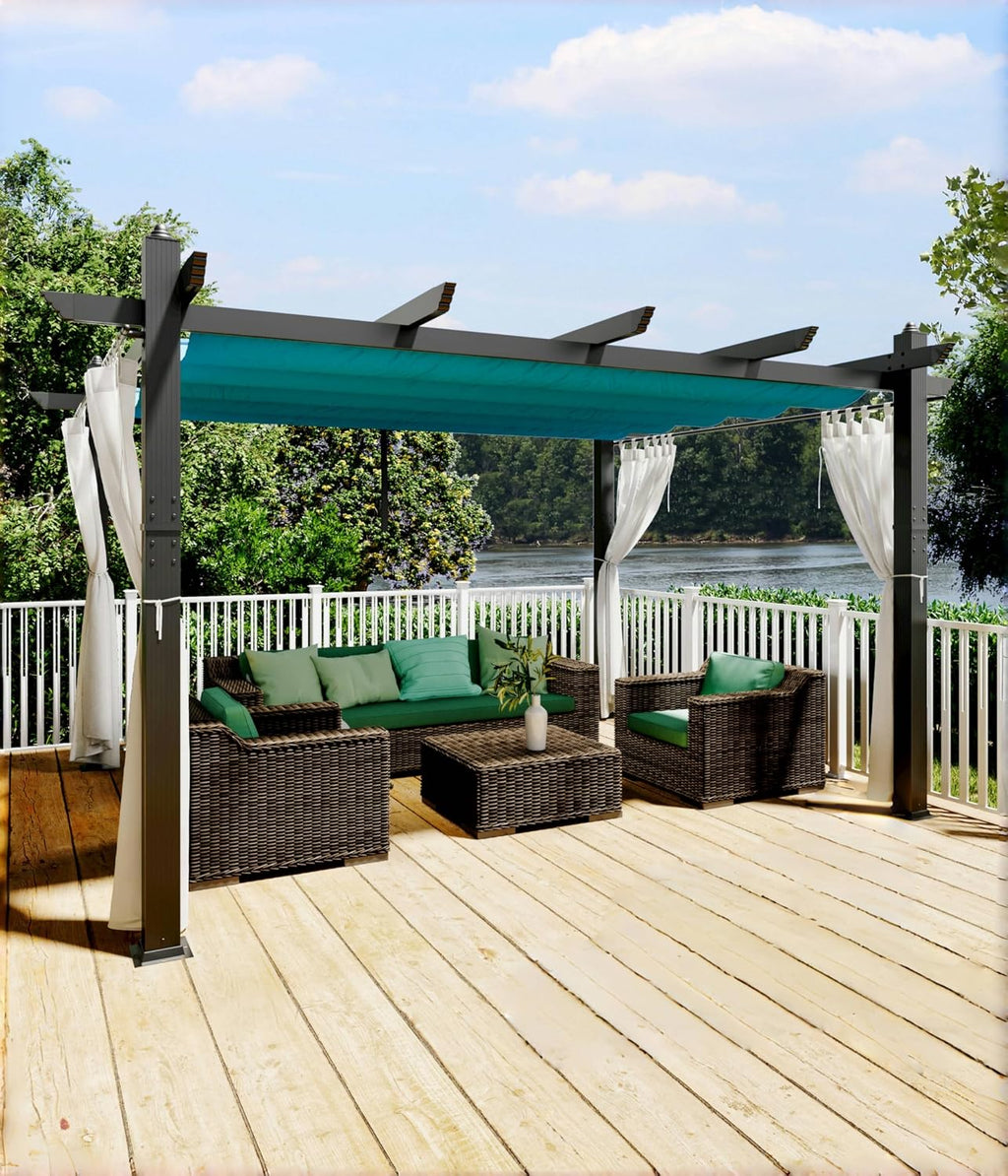 GAOMON 10x13 Ft Outdoor Aluminum Pergola, Heavy-Duty Woodgrain Patio Pergola with Retractable Canopy Sun Shade & Side Mesh Curtain, Metal Gazebo for Existing Deck Backyard Garden, Blue