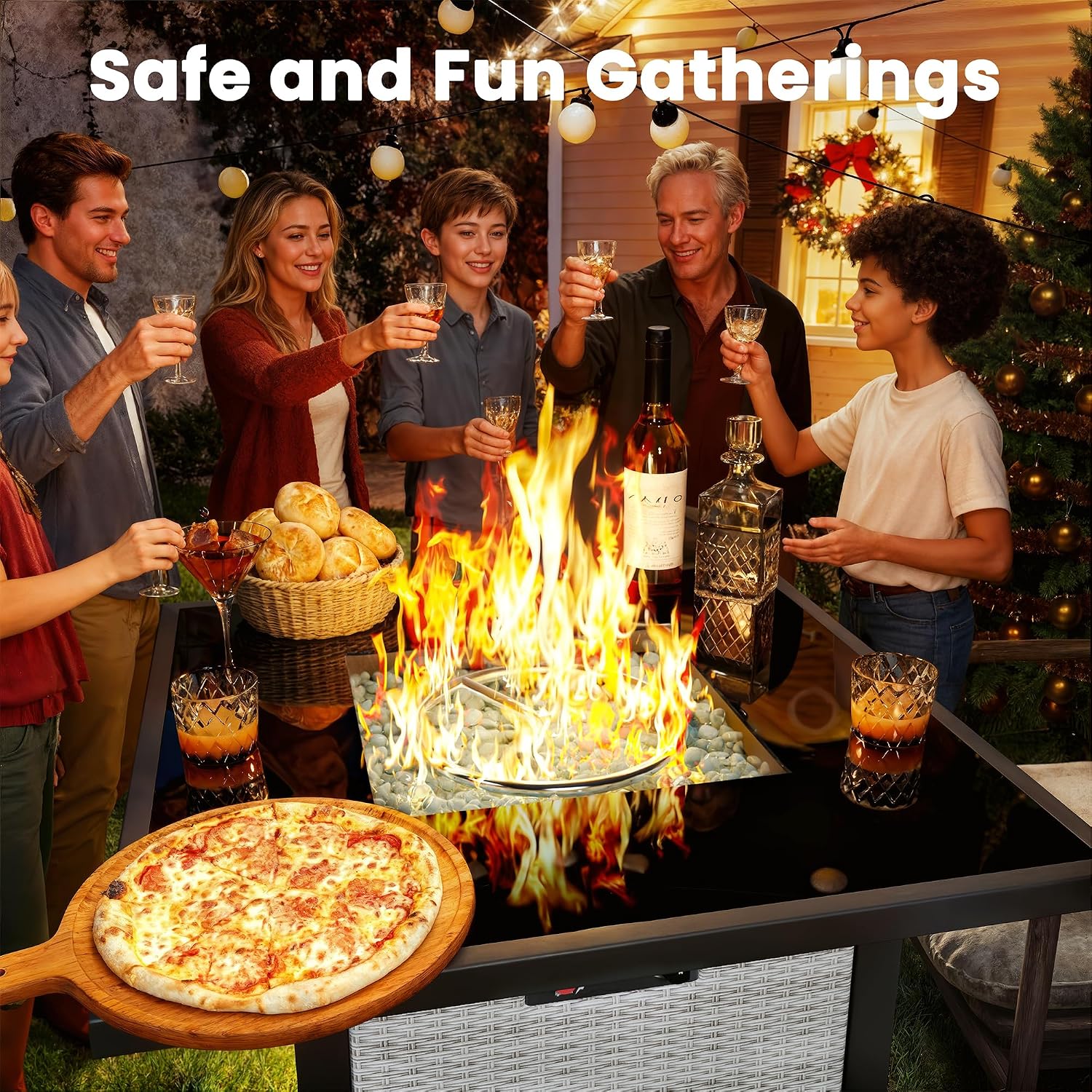 Propane Fire Pit Table, Outdoor Fire Pit Table, 28' Rattan Square Outdoor Gas FirePit with Glass Wind Guard, Tempered Glass Tabletop, Lid, CSA Listed, 50,000 BTU, Outside Patio & Garden, Gray-White