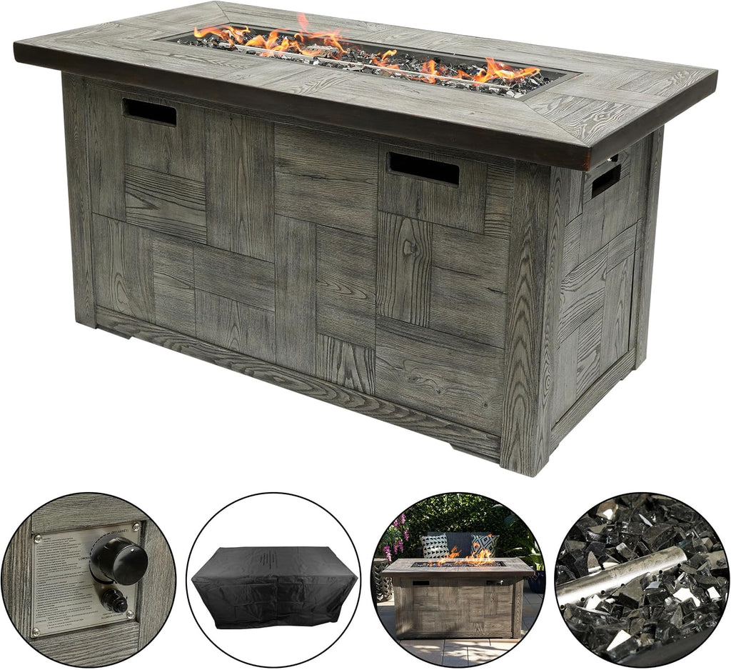Alpine Corporation GXT974 Rectangular Wood Look Fire Pit Table with 50K BTU & Adjustable Flame, Cozy Patio Décor, 24' H, Gray