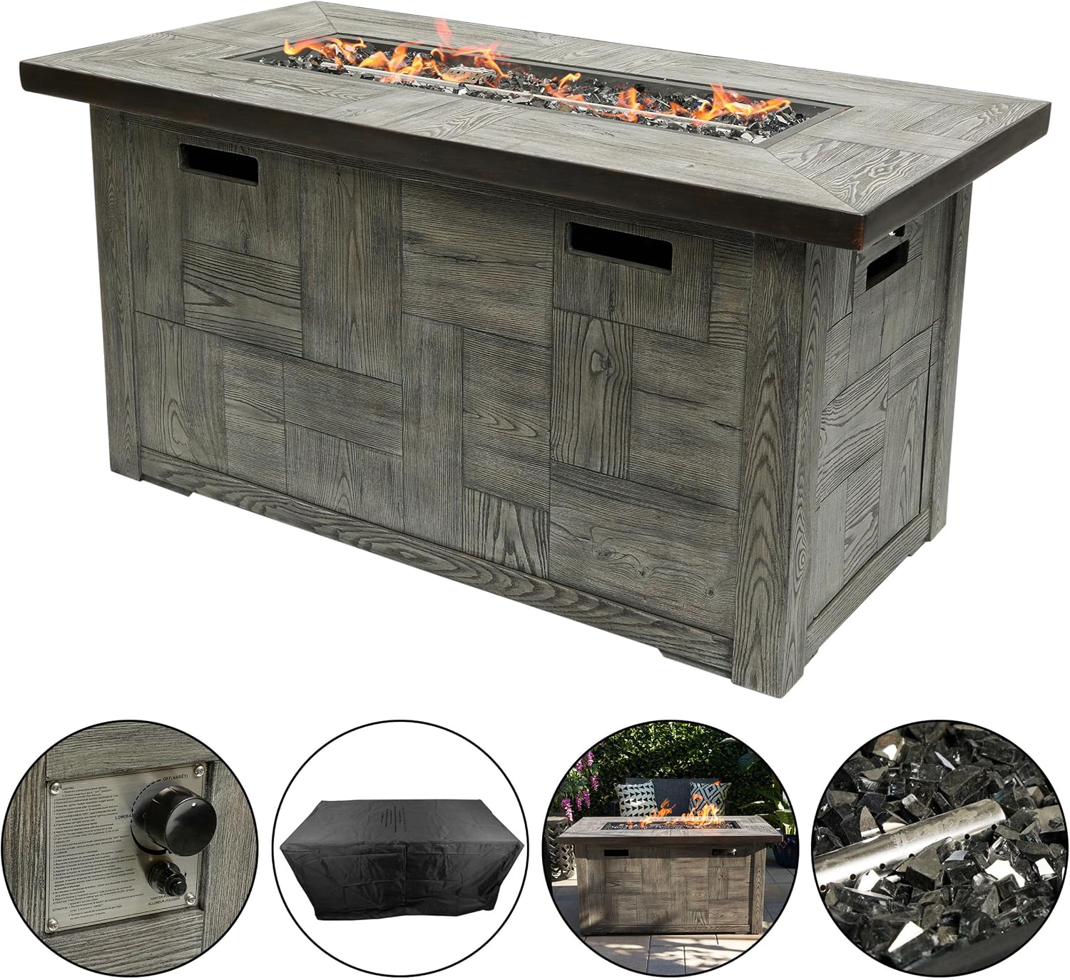 Alpine Corporation GXT974 Rectangular Wood Look Fire Pit Table with 50K BTU & Adjustable Flame, Cozy Patio Décor, 24' H, Gray