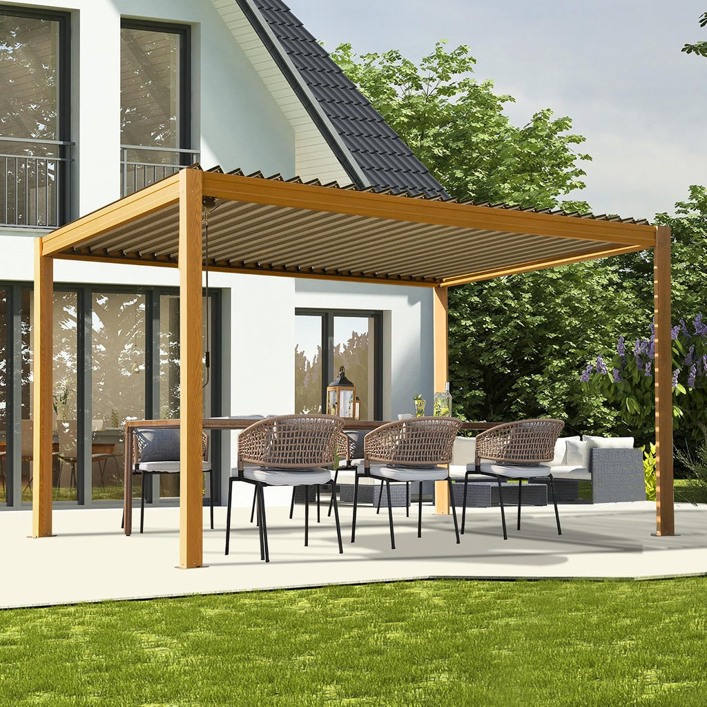 Domi Outdoor Pergola 10' x 13' Aluminum Louvered Pergola with Adjustable Roof, Wood Grain Aluminum Frame, Efficient Drainage System for Patio, Deck, Garden