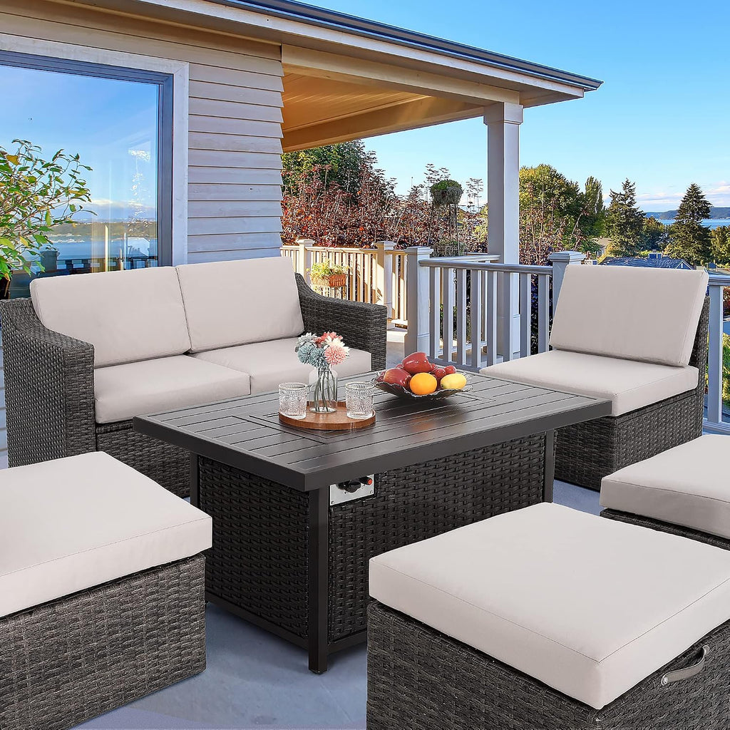 HAPPATIO Propane Fire Pit Table - 48 inch 50,000 BTU Aluminum Outdoor Patio Fire Pit,Wicker & Aluminum Rectangular Propane Gas Fire Pit, Clear Glass Rock and Tabletop Lid, Black PE Rattan(Brown)