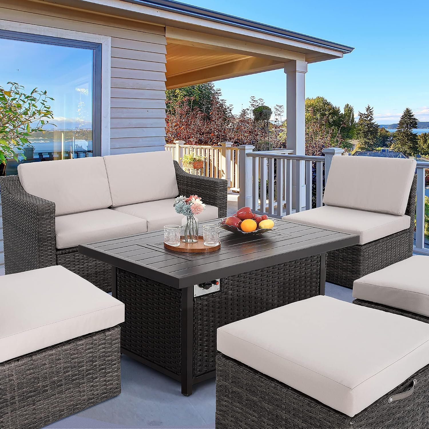 HAPPATIO Propane Fire Pit Table - 48 inch 50,000 BTU Aluminum Outdoor Patio Fire Pit,Wicker & Aluminum Rectangular Propane Gas Fire Pit, Clear Glass Rock and Tabletop Lid, Black PE Rattan(Brown)