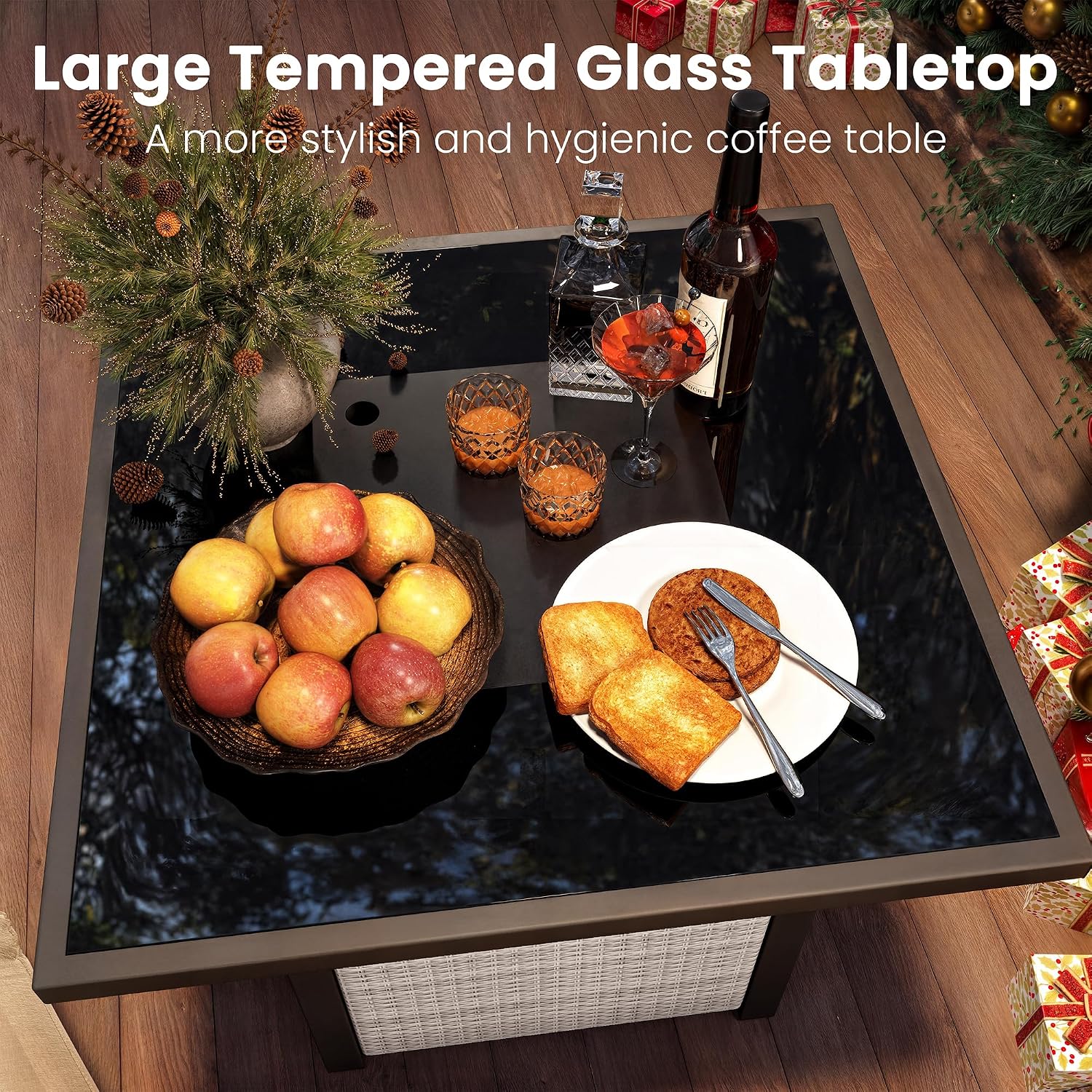 Propane Fire Pit Table, Outdoor Fire Pit Table, 27' Rattan Square Outdoor Gas Fire Pit with Glass Wind Guard, Tempered Glass Tabletop, Lid, CSA Listed, 50,000 BTU for Outside Patio Deck & Garden