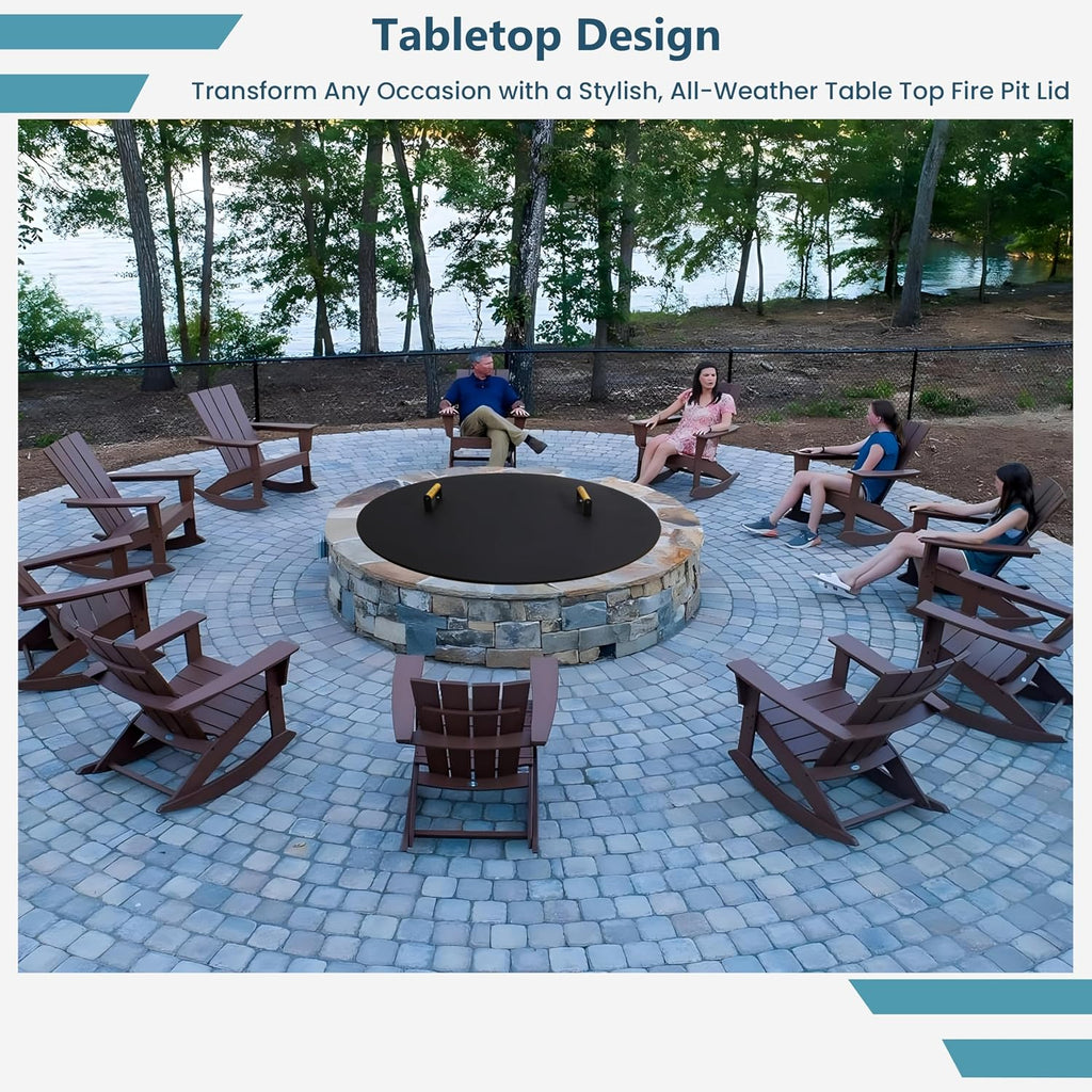 Round Fire Pit Lid - 38 inch fire Pit lid Metal W/Wooden Handles Fit for Bonfire Pits or Propane FirePit Fire Tables, Weather Resistant Outdoor Firepit & Smokeless FirePit Snuffer Lid Cover as Table