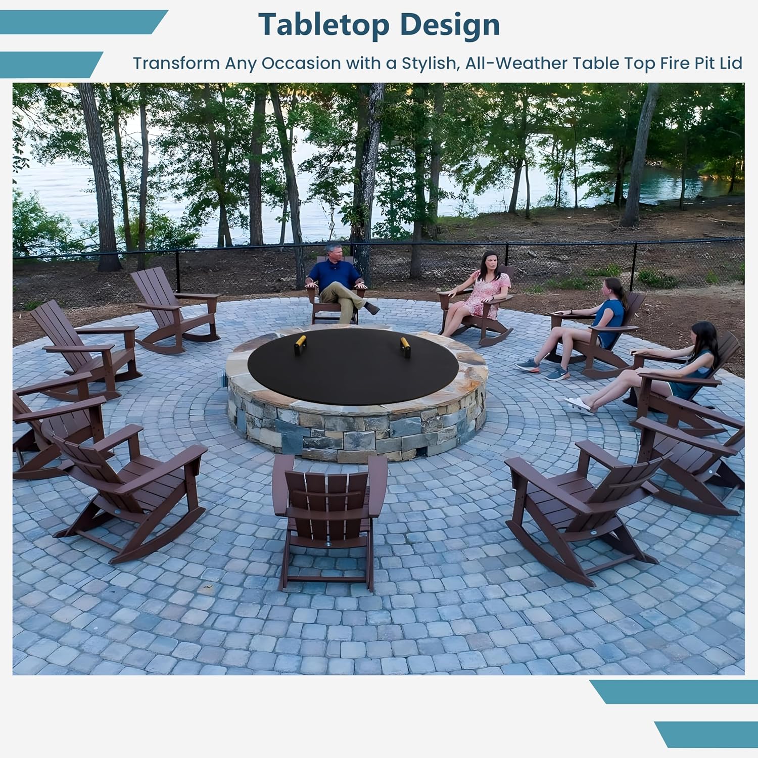 Round Fire Pit Lid - 38 inch fire Pit lid Metal W/Wooden Handles Fit for Bonfire Pits or Propane FirePit Fire Tables, Weather Resistant Outdoor Firepit & Smokeless FirePit Snuffer Lid Cover as Table