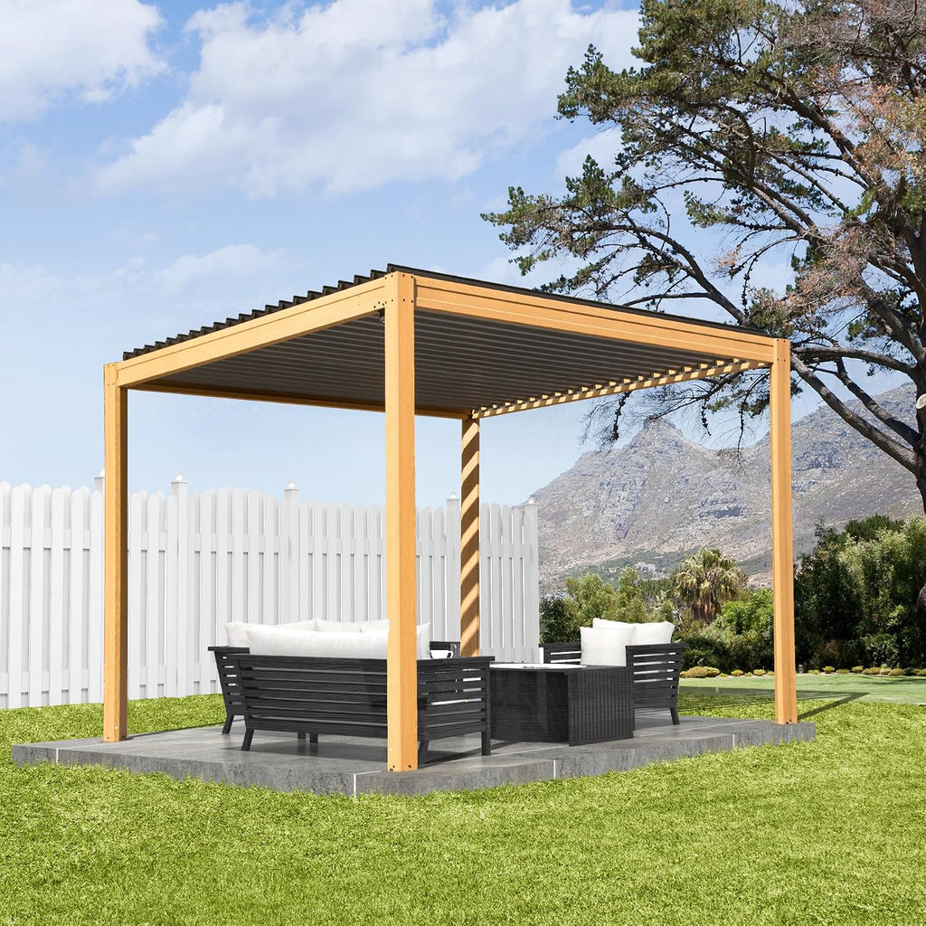 Domi Louvered Pergola 10x10FT, Outdoor Wood Grain Pergola Aluminum Frame with Adjustable Rainproof Metal Roof, Permanent Sun Shade with Drainage System for Deck Garden Yard