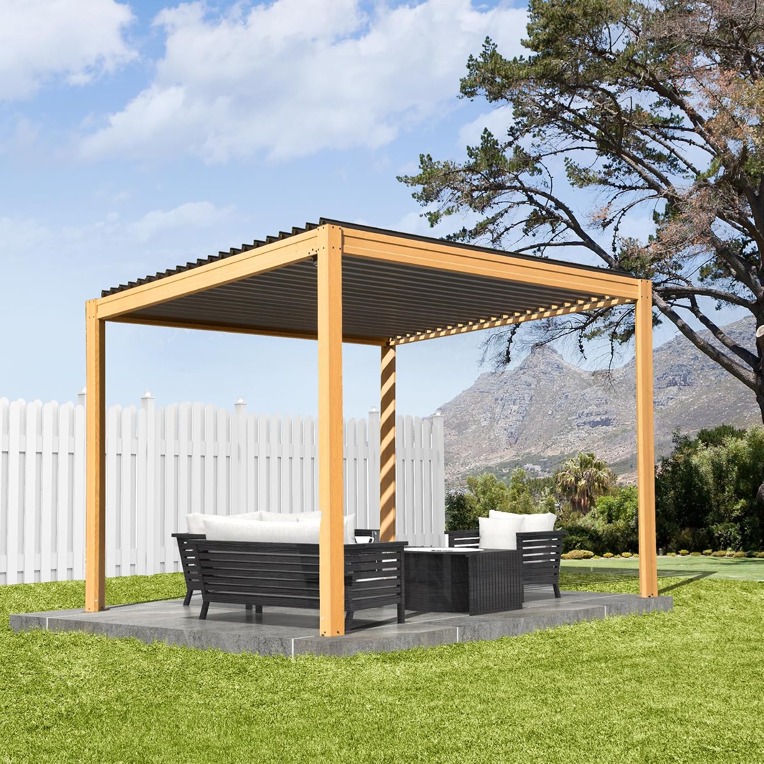 Domi Louvered Pergola 10x10FT, Outdoor Wood Grain Pergola Aluminum Frame with Adjustable Rainproof Metal Roof, Permanent Sun Shade with Drainage System for Deck Garden Yard