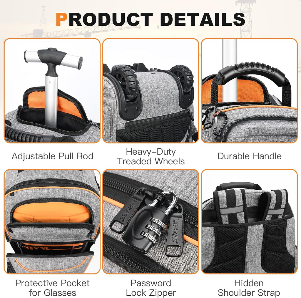 Backpack Tool Bag with Wheel, Rolling Tool Backpack for Electrician Heavy Duty Roller Tool Bag on Wheel for Construction Work, 75 Pockets & Loops Tool Backpack with Molded Base and Lock - Grey
