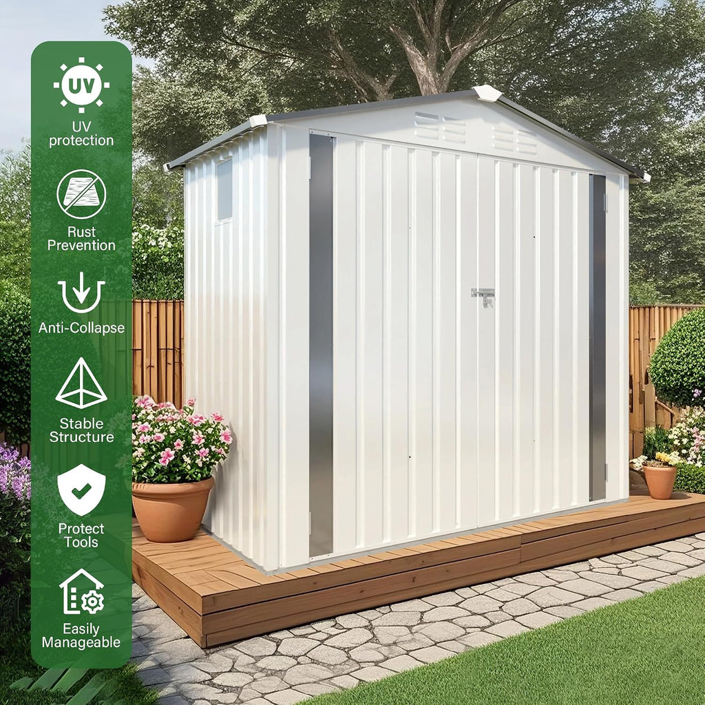 Organize and Secure with 6x3.6 FT Metal Shed, Waterproof Outdoor Storage with Lockable Door & Clear Window for Garden Tools, Patio Furniture, Bicycles, White
