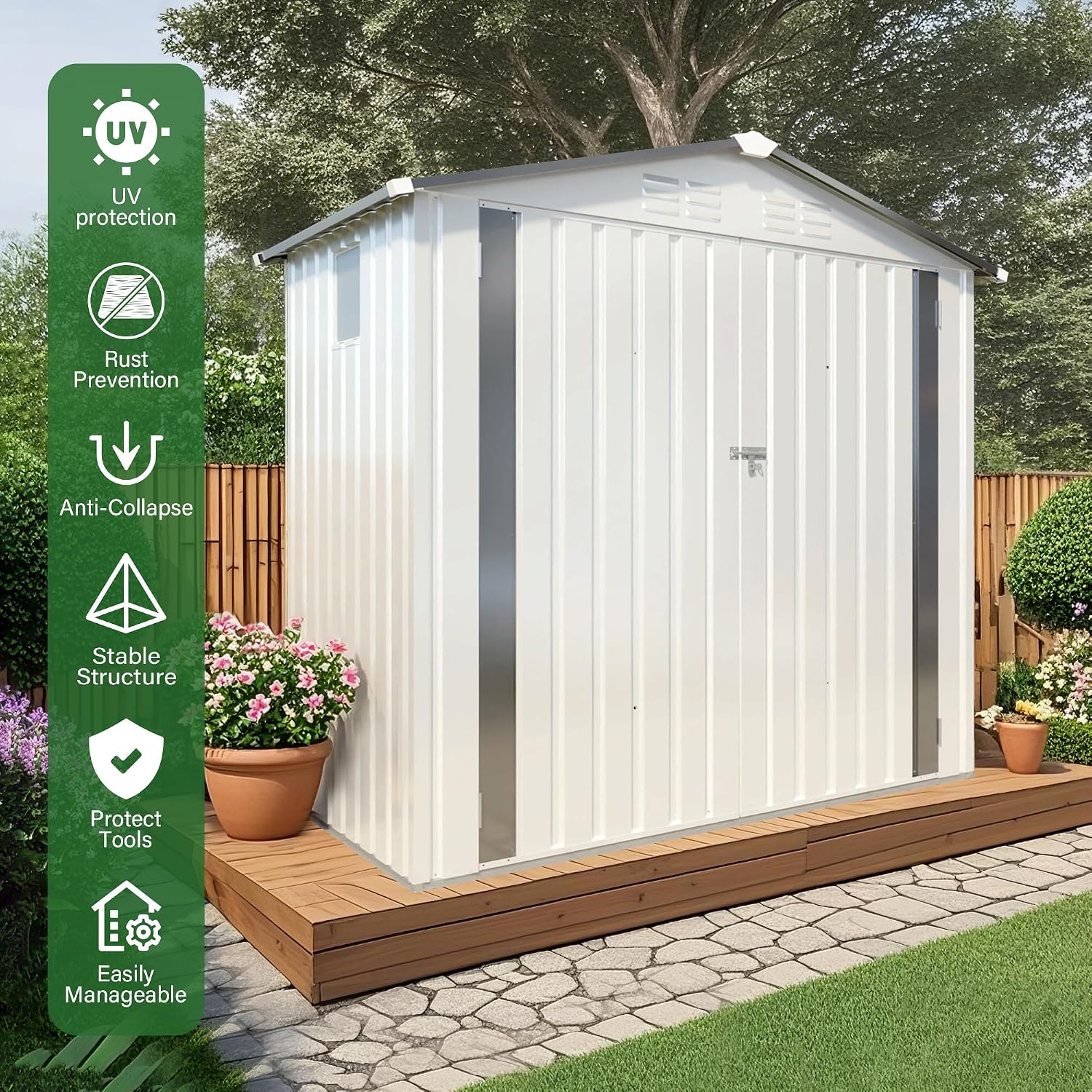 Organize and Secure with 6x3.6 FT Metal Shed, Waterproof Outdoor Storage with Lockable Door & Clear Window for Garden Tools, Patio Furniture, Bicycles, White