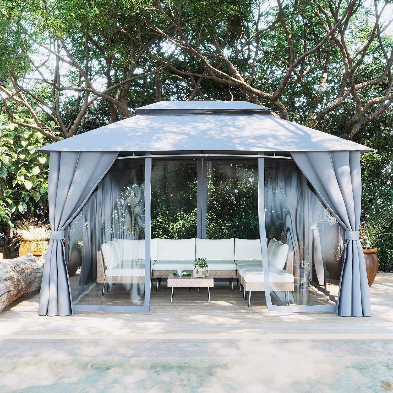 Gazebo 10x13 with Mosquito Netting & Privacy Screens. Double Roof Design Outdoor Gazebo with Powder-Coated Metal Frame for Patio, Deck, Backyard, Garden & Lawns(Dark Gray)