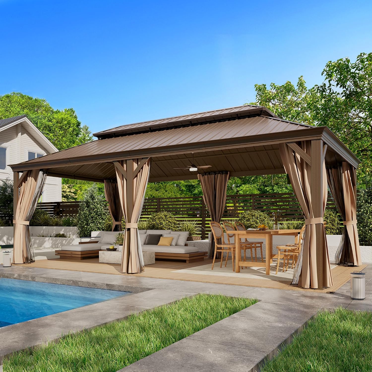 EROMMY 12'x24' Hardtop Gazebo Double Roof Galvanized Steel Canopy Outdoor Aluminum Frame Permanent Metal Pavilion with Netting and Curtains for Patio Backyard Deck and Lawns