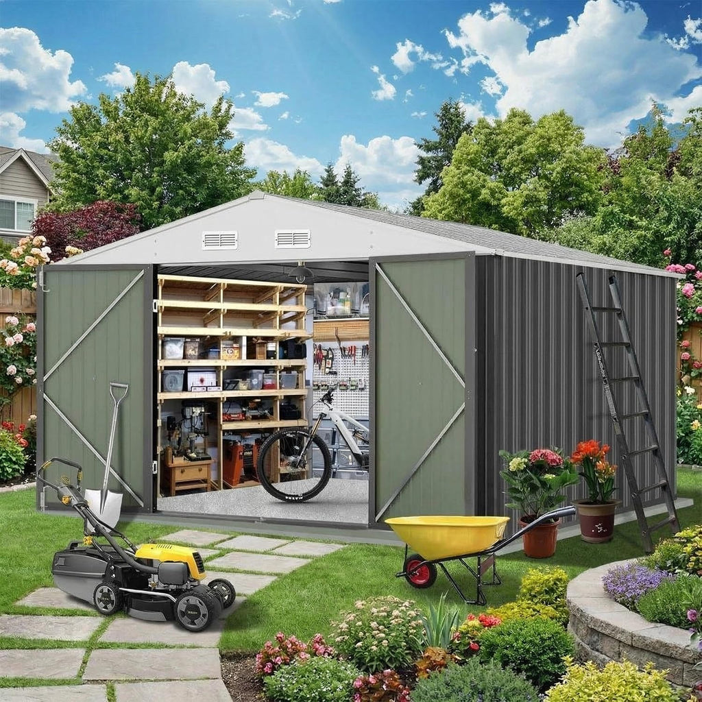 10X12 Ft Outdoor Metal Storage Shed with Roof, Weatherproof Steel Tool Shed with Lockable Door for Lawn Mower, Bike & Garden Equipment Storage