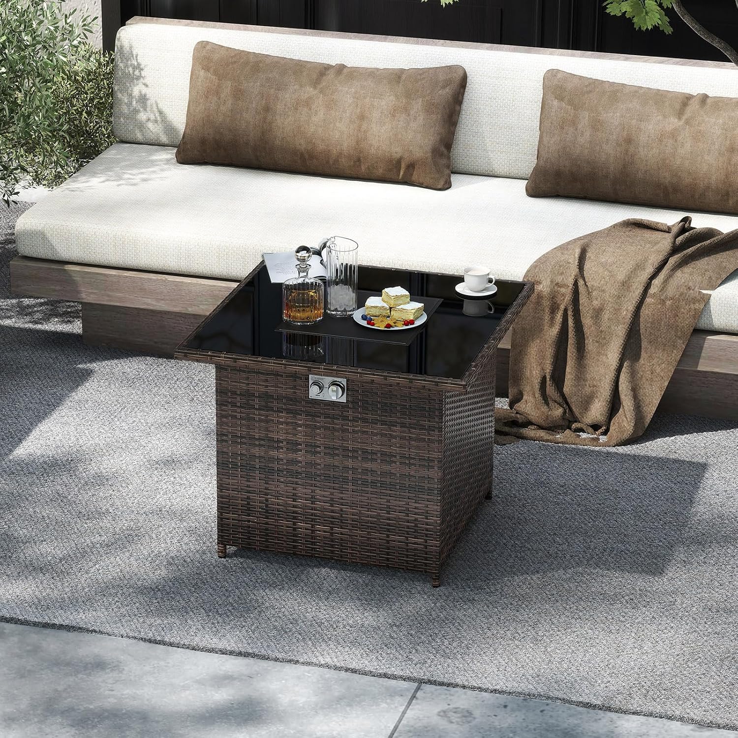Tangkula 32.5 Inch Propane Fire Pit Table, Outdoor Rattan Gas Firepit with Tempered Glass Tabletop & Stainless Steel Burner, Square Fire Pit with Lava Rocks & Protective Cover for Outside Patio