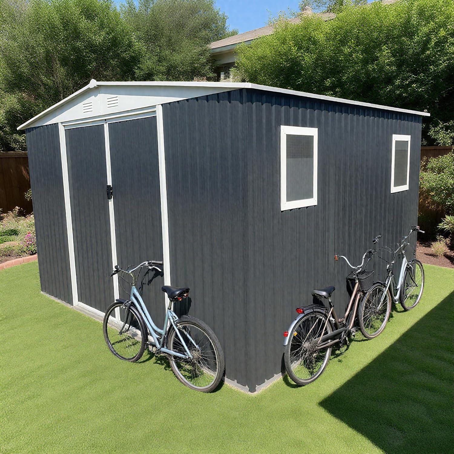 Large 12x10 FT Metal Garden Shed with Apex Roof | Heavy-Duty Steel Outdoor Storage for Tools, Bikes & Lawn Equipment
